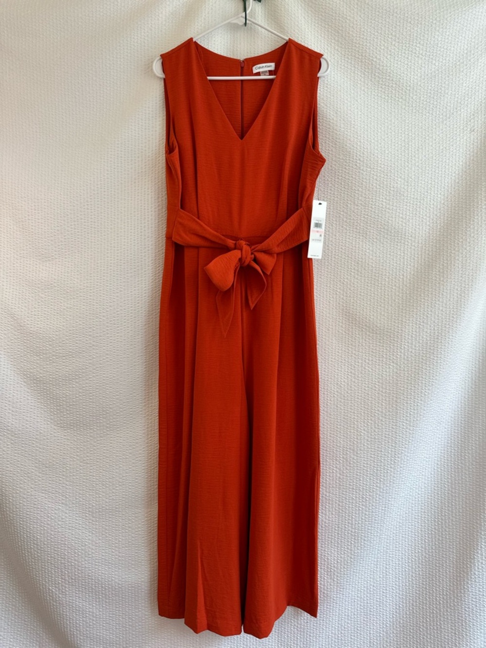 Calvin Klein Orange Sleeveless V-Neck Wide-Leg Jumpsuit Waist Tie Size: 10 NWT - Picture 2 of 14